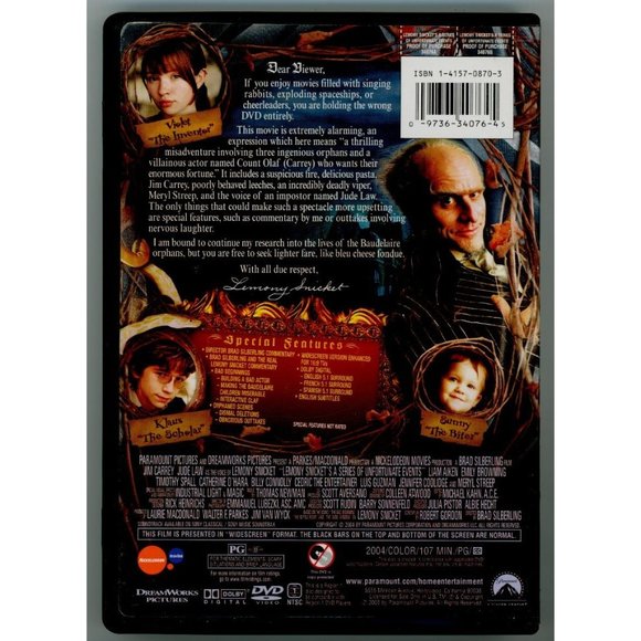 LEMONY SNICKET'S A SERIES OF UNFORTUNATE EVENTS DVD Jim Carrey WIDESCREEN - Picture 2 of 2